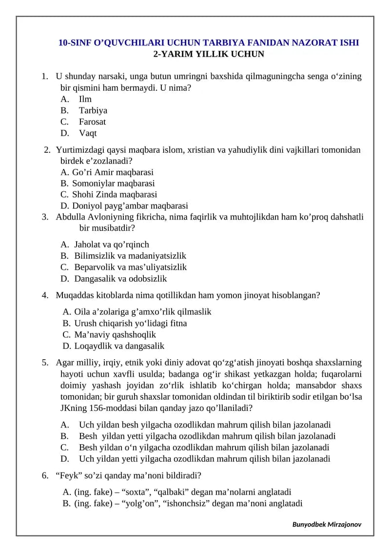 10-SINF O’QUVCHILARI UCHUN TARBIYA FANIDAN NAZORAT ISHI