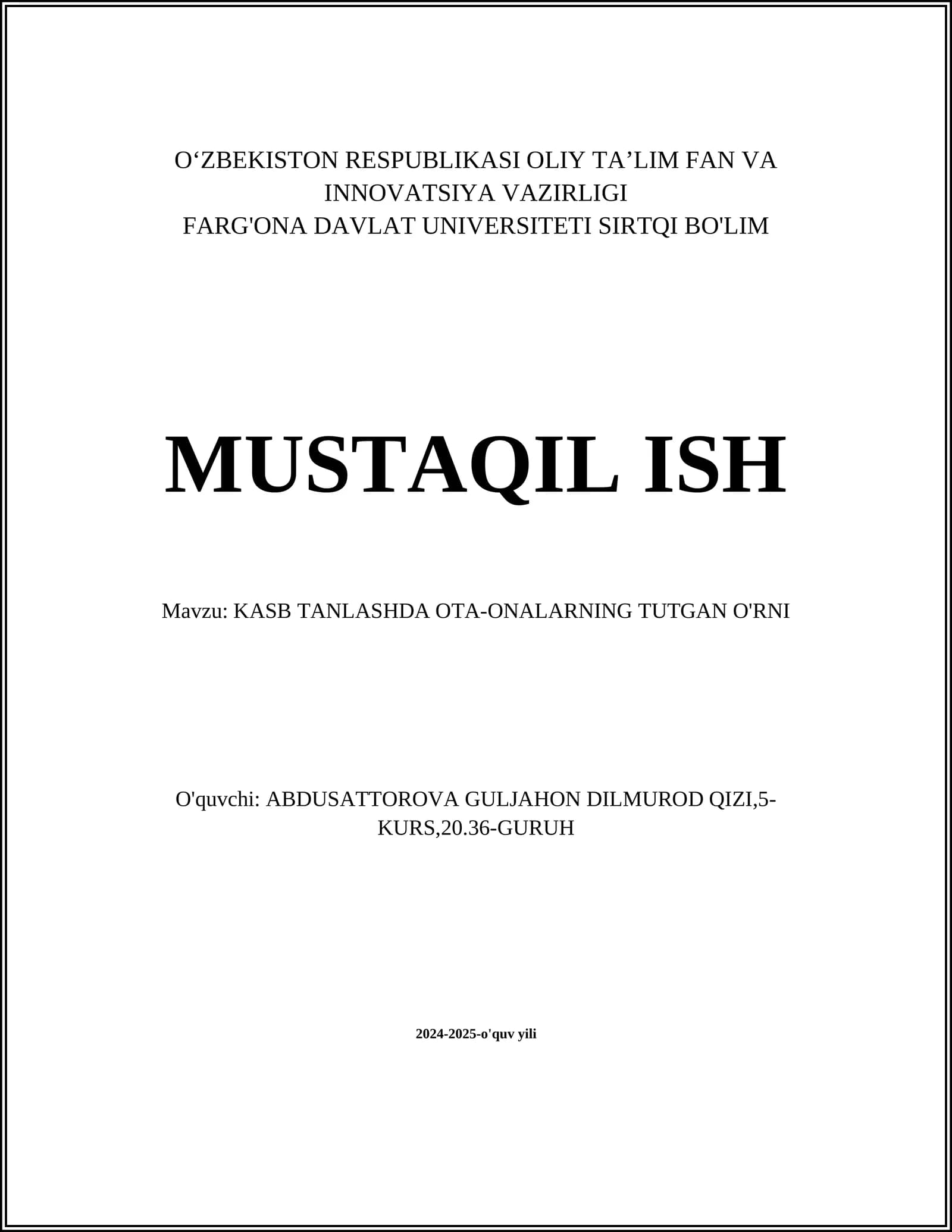 KASB TANLASHDA OTA-ONALARNING TUTGAN O'RNI