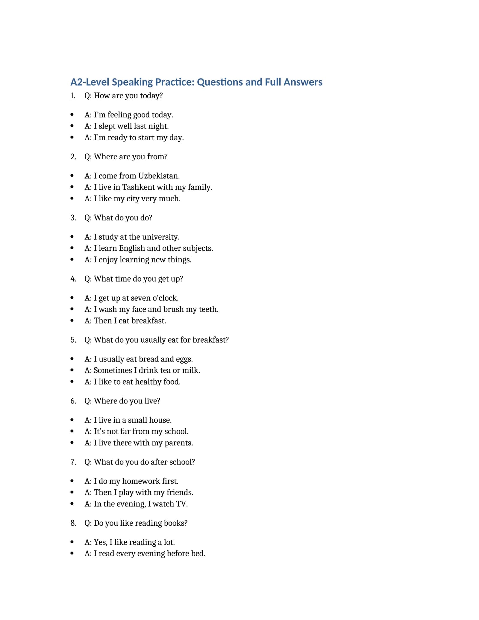 A2-Level Speaking Practice: Questions and Full Answers