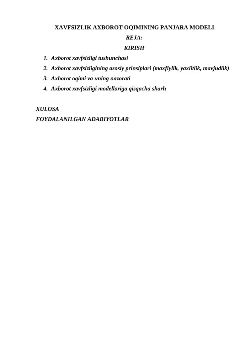 XAVFSIZLIK AXBOROT OQIMINING PANJARA MODELI