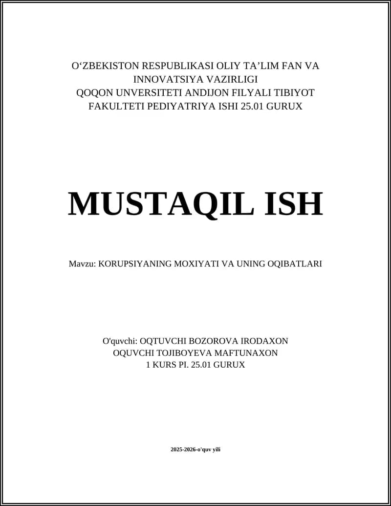 KORUPSIYANING MOXIYATI VA UNING OQIBATLARI