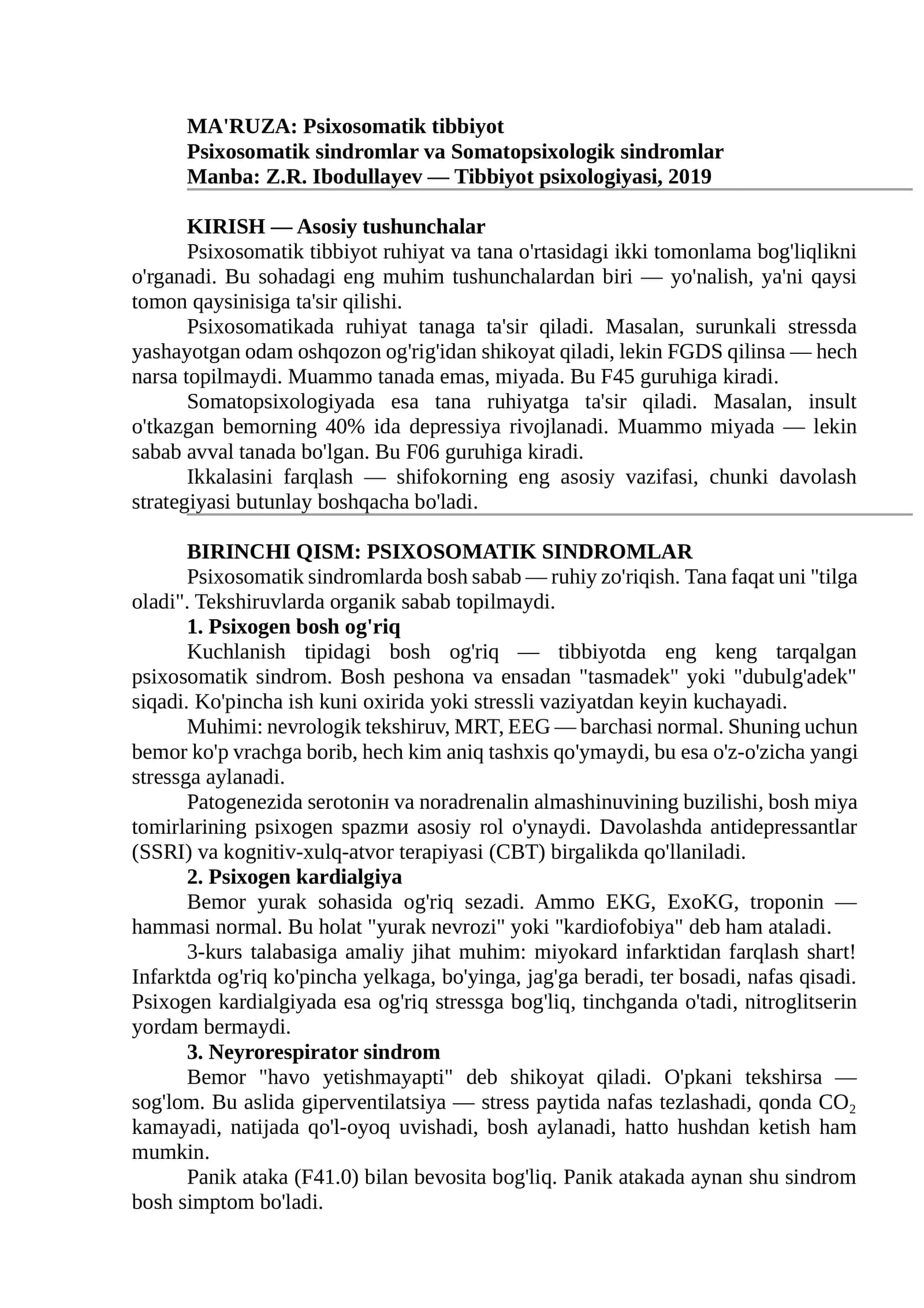 MA'RUZA: Psixosomatik tibbiyot