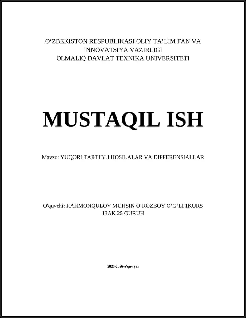 YUQORI TARTIBLI HOSILALAR VA DIFFERENSIALLAR