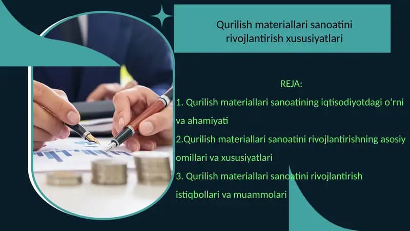 Qurilish materiallari sanoatini rivojlantirish xususiyatlari