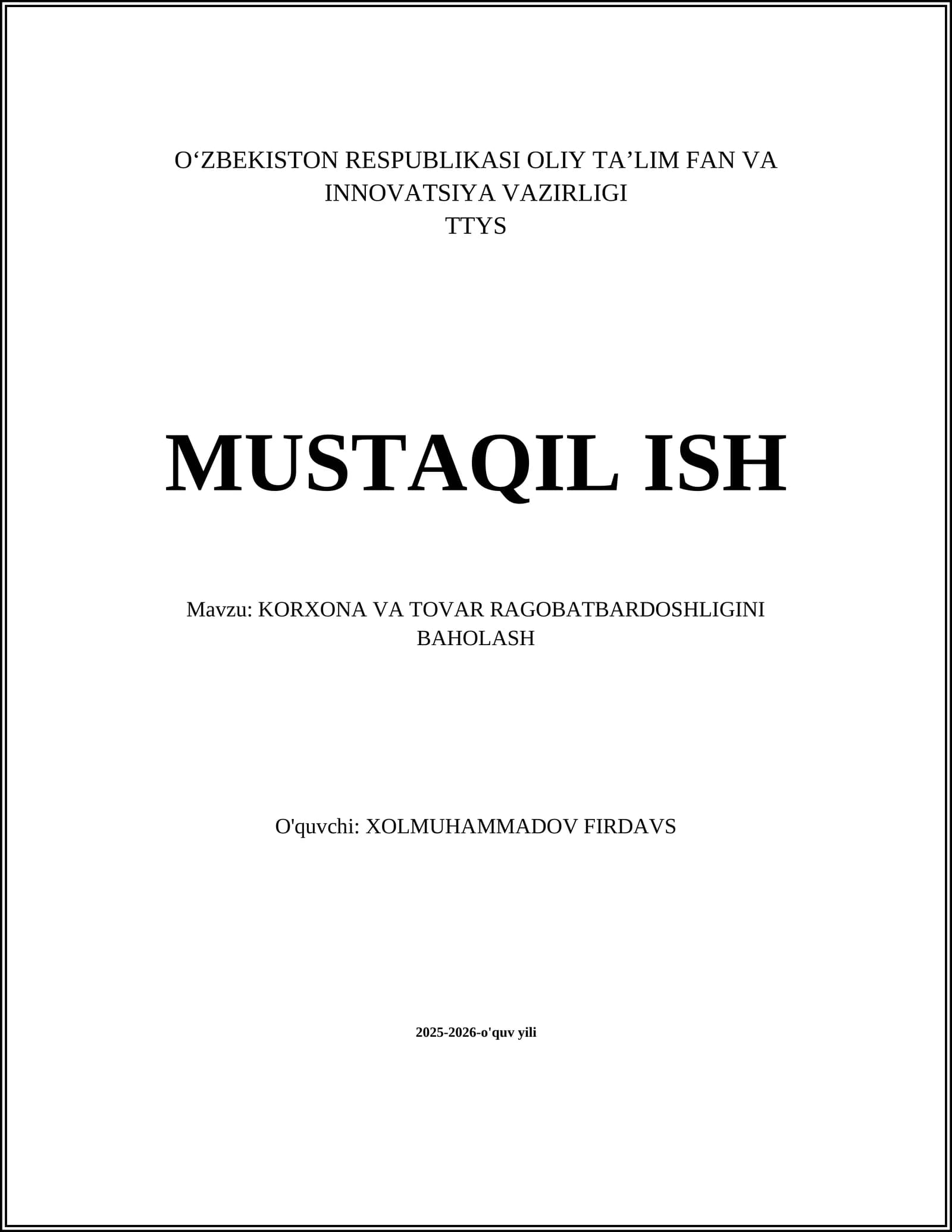 KORXONA VA TOVAR RAGOBATBARDOSHLIGINI BAHOLASH