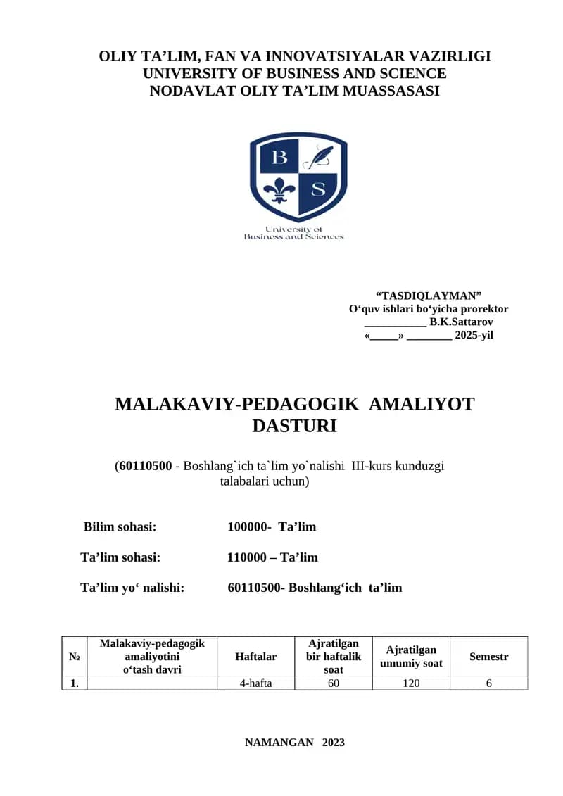 Malakaviy-pedagogik amaliyot dasturi