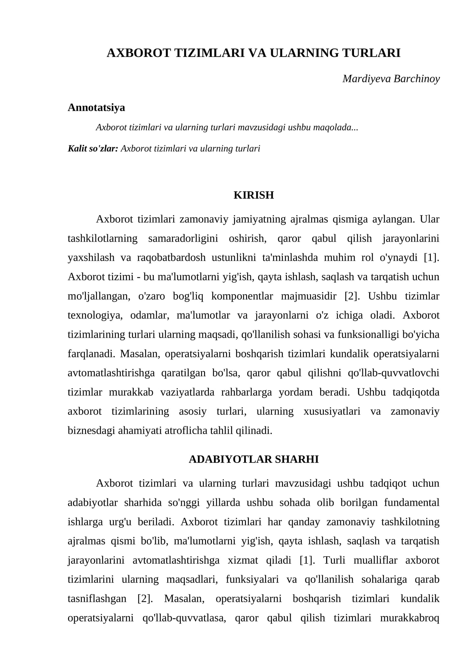 AXBOROT TIZIMLARI VA ULARNING TURLARI
