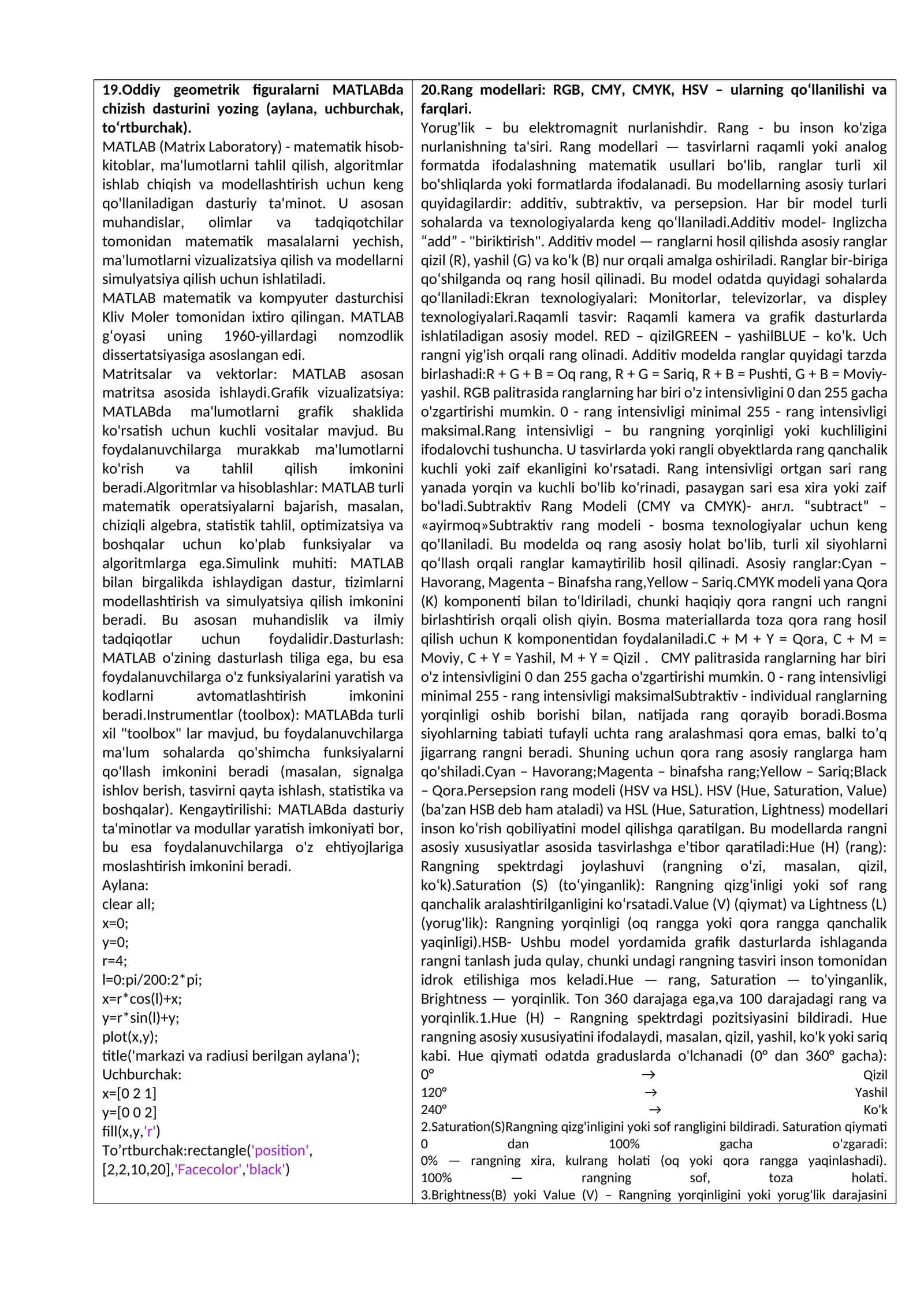 MATLABda oddiy geometrik figuralarni chizish dasturi