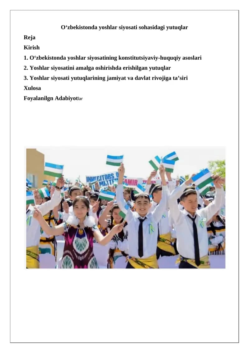 O‘zbekistonda yoshlar siyosati sohasidagi yutuqlar
