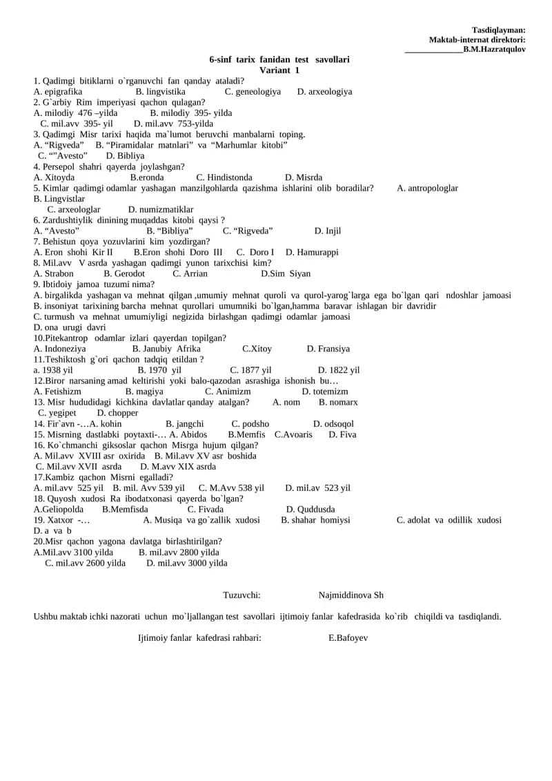 6-sinf tarix fanidan test savollari