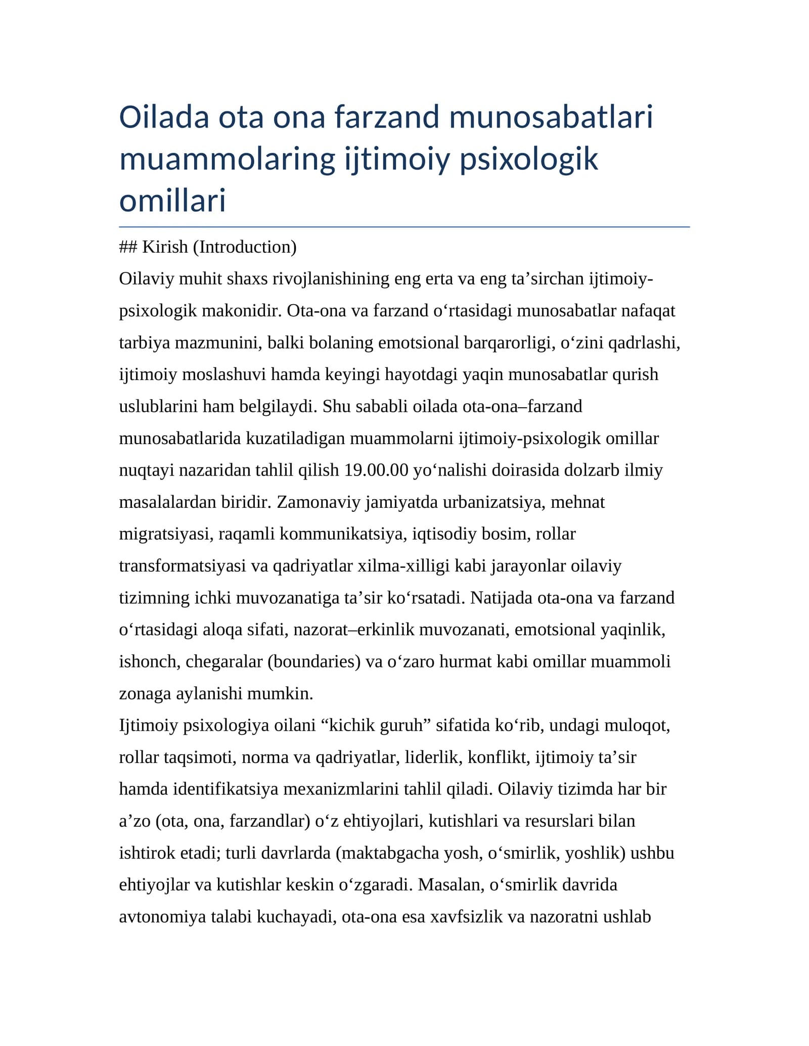 Oilada ota ona farzand munosabatlari muammolaring ijtimoiy psixologik omillari