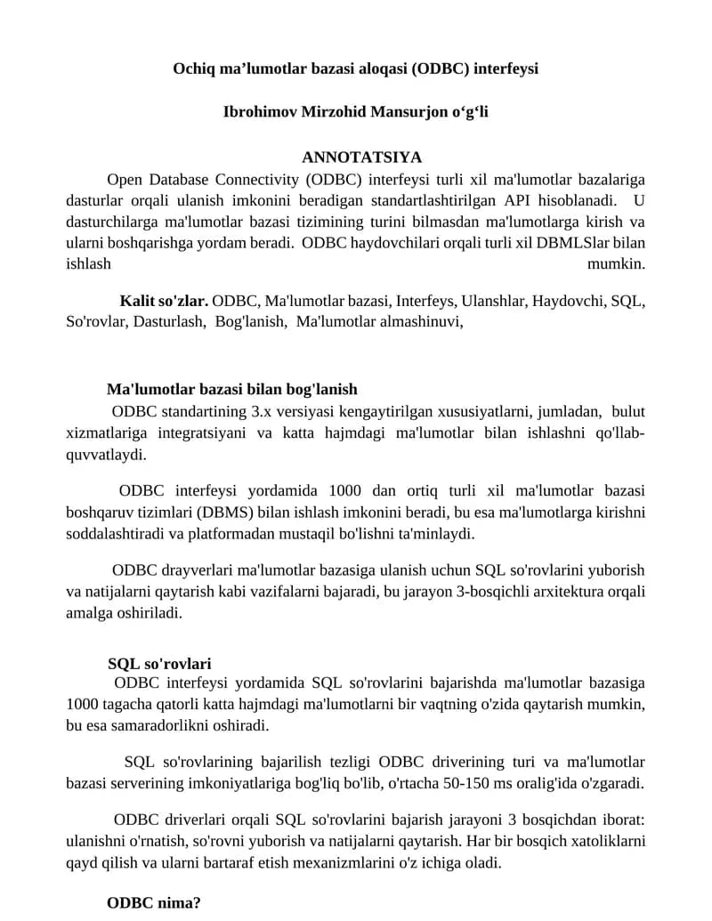 Ochiq ma’lumotlar bazasi aloqasi (ODBC) interfeysi