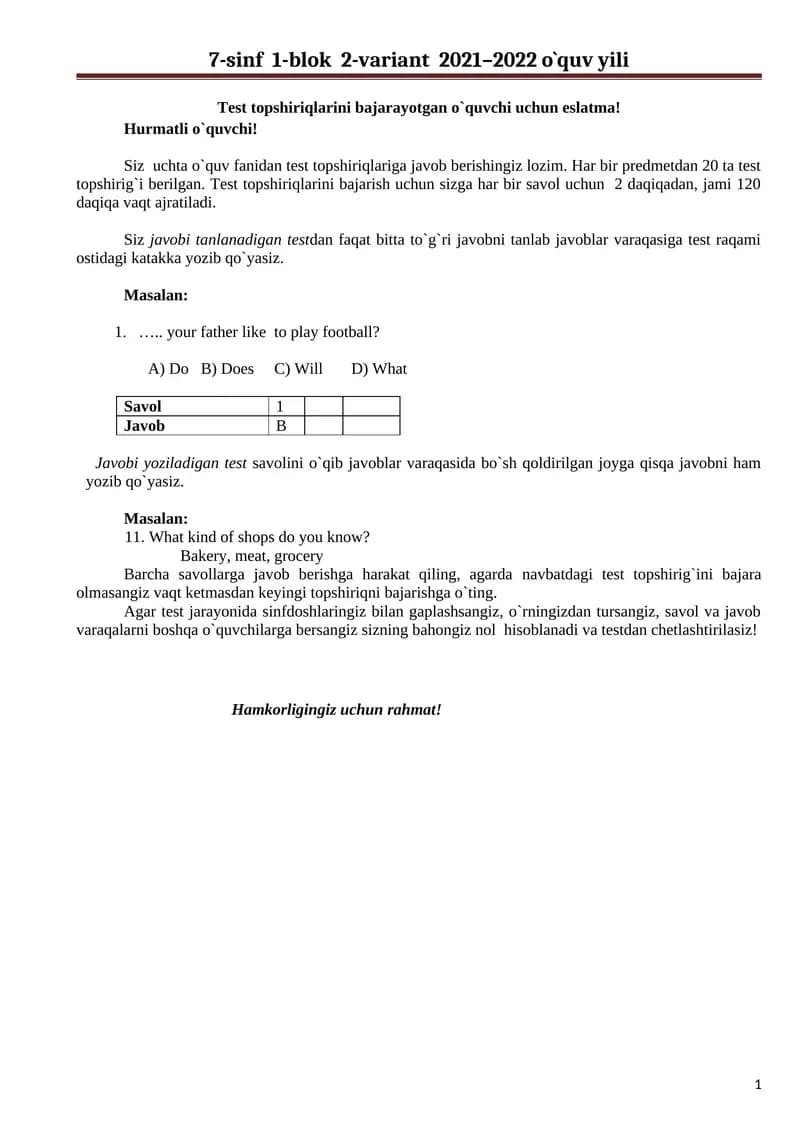 7-sinf 1-blok 2-variant 2021–2022 o`quv yili