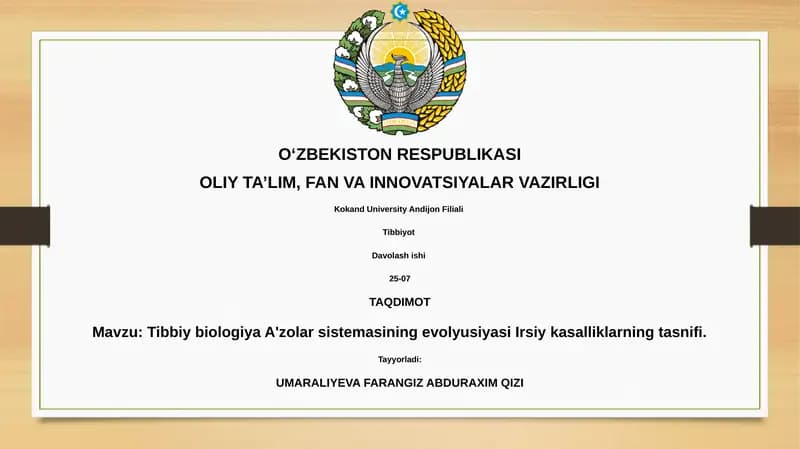 Tibbiy biologiya A'zolar sistemasining evolyusiyasi Irsiy kasalliklarning tasnifi