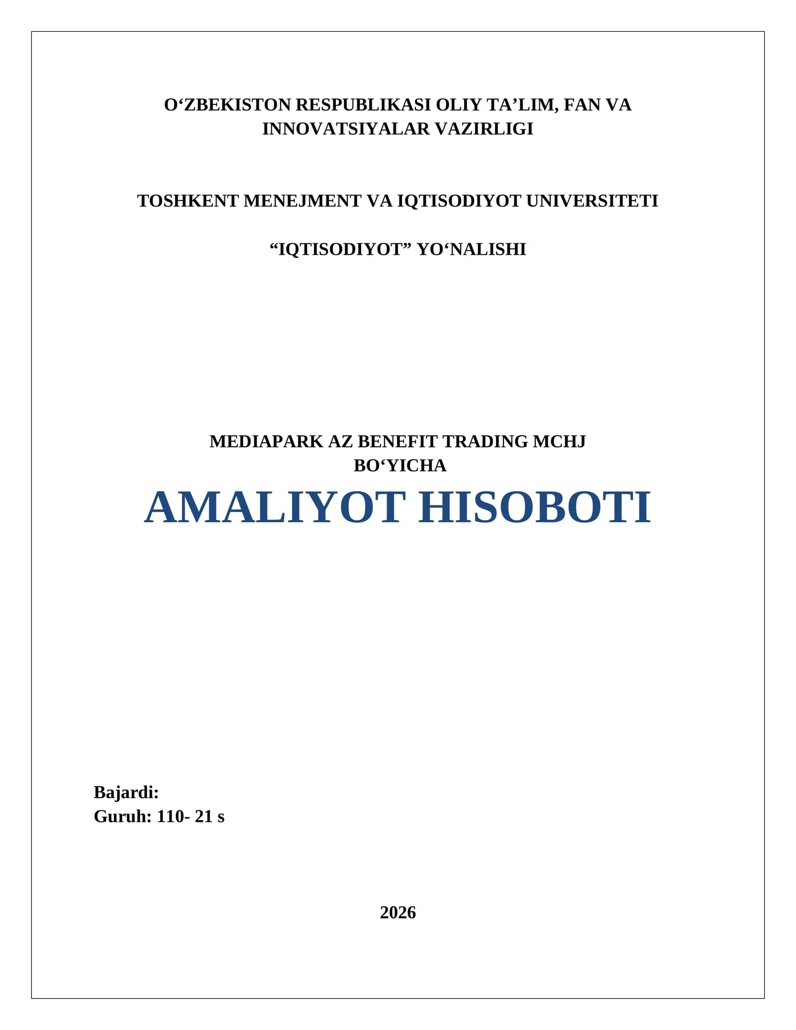 Faoliyat turi 	Chakana savdo (maishiy texnika va elektronika mahsulotlari savdosi. AMALIYOT HISOBOTI