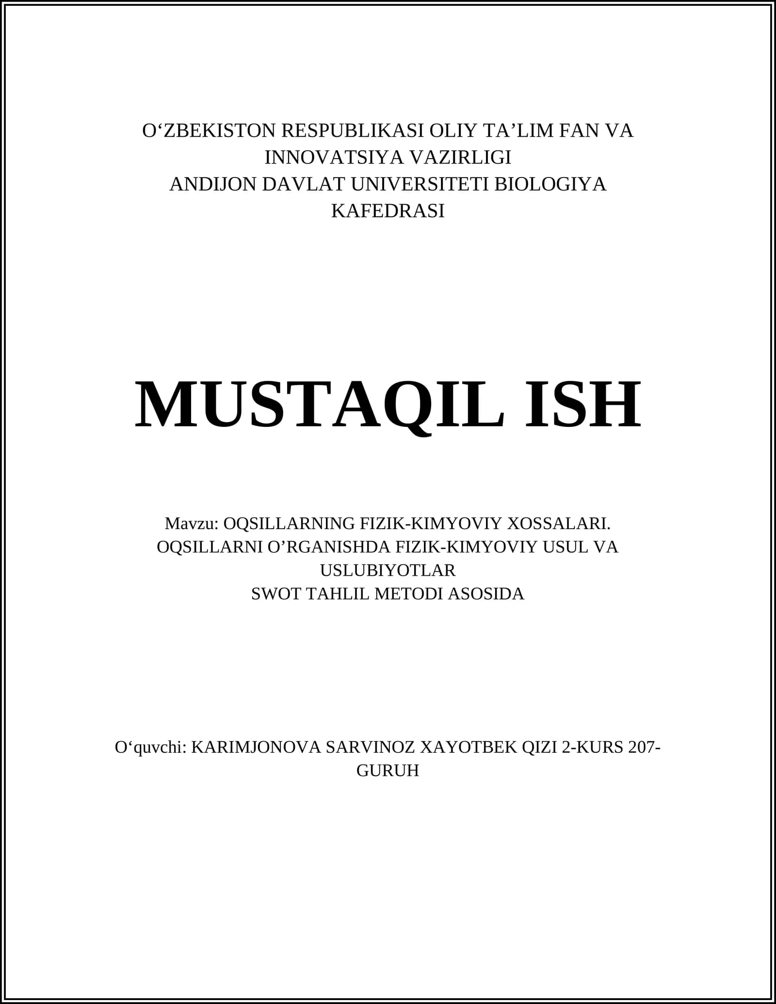 OQSILLARNING FIZIK-KIMYOVIY XOSSALARI