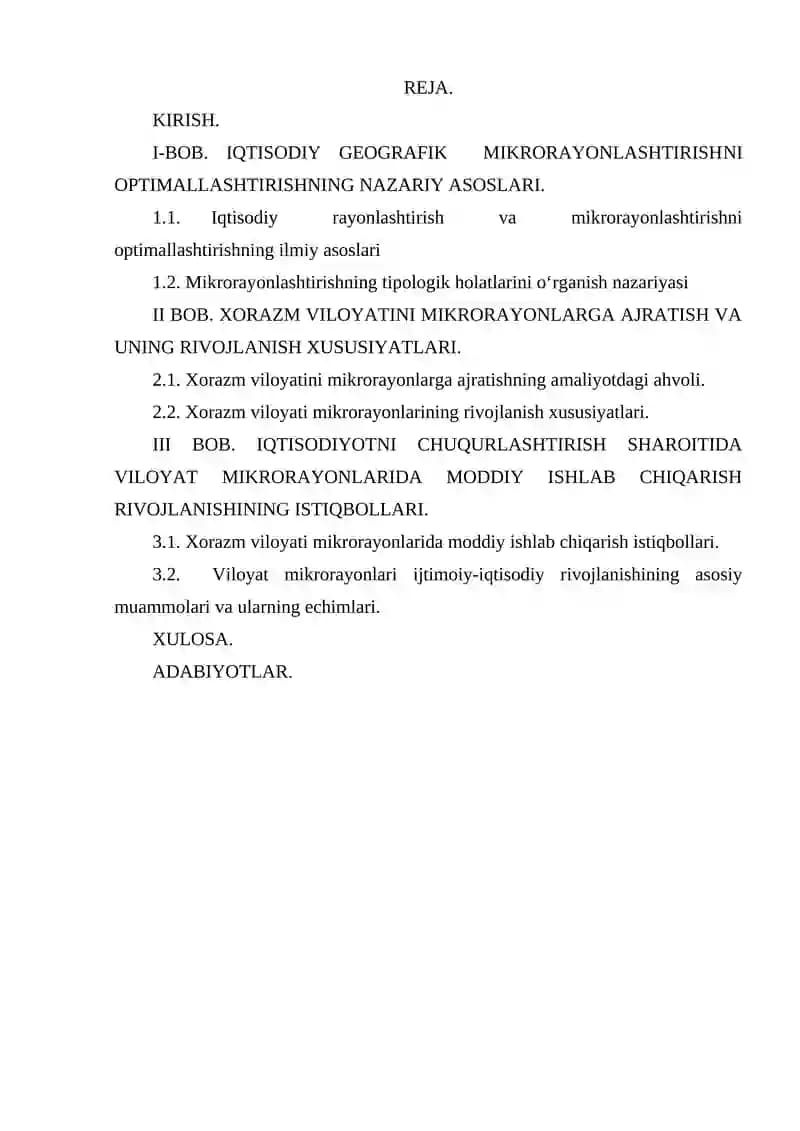 IQTISODIY ISLOHOTLAR CHUQURLASHAYOTGAN SHAROITDA MIKRORAYONLASHTIRISHNI OPTIMALLASHTIRISH (Xorazm viloyati misolida)