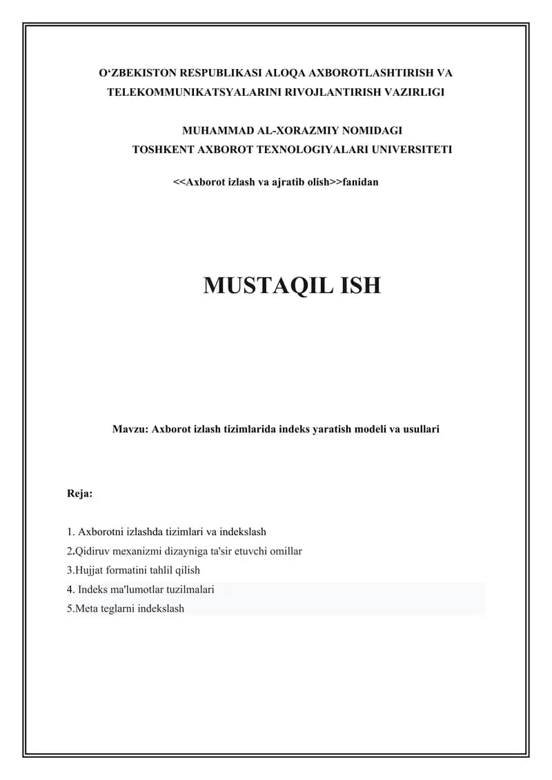 Axborot izlash tizimlarida indeks yaratish modeli va usullari