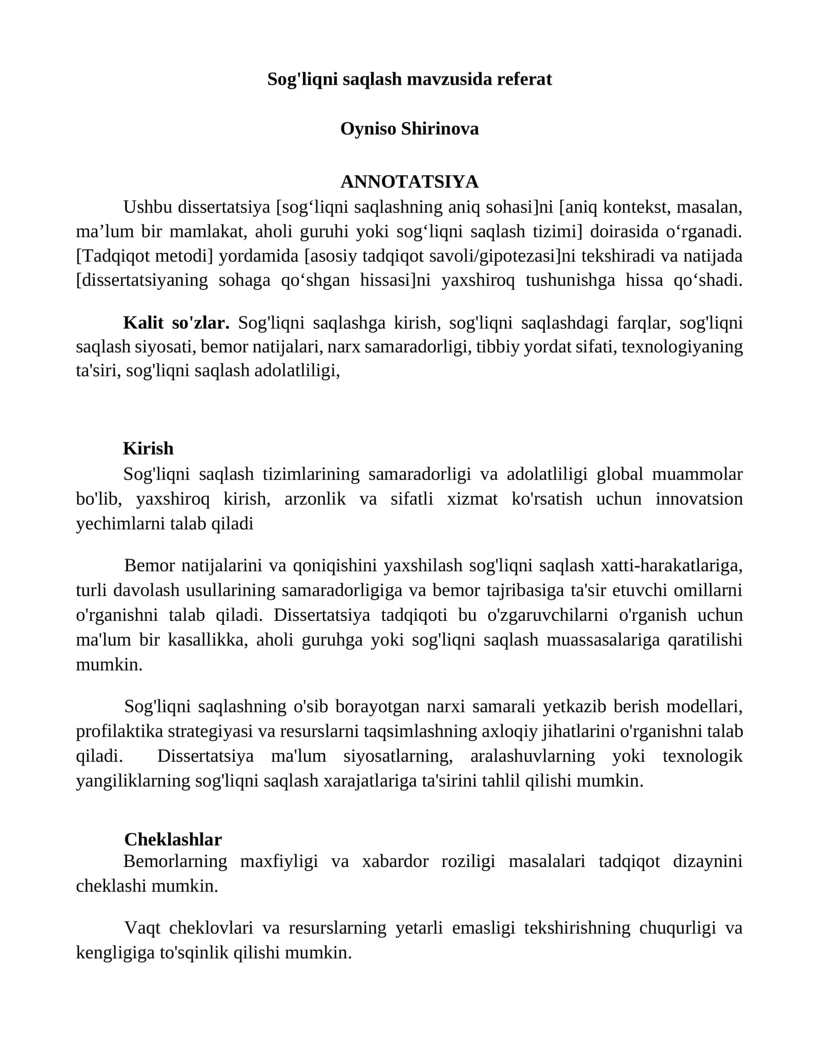 Sog'liqni saqlash mavzusida referat