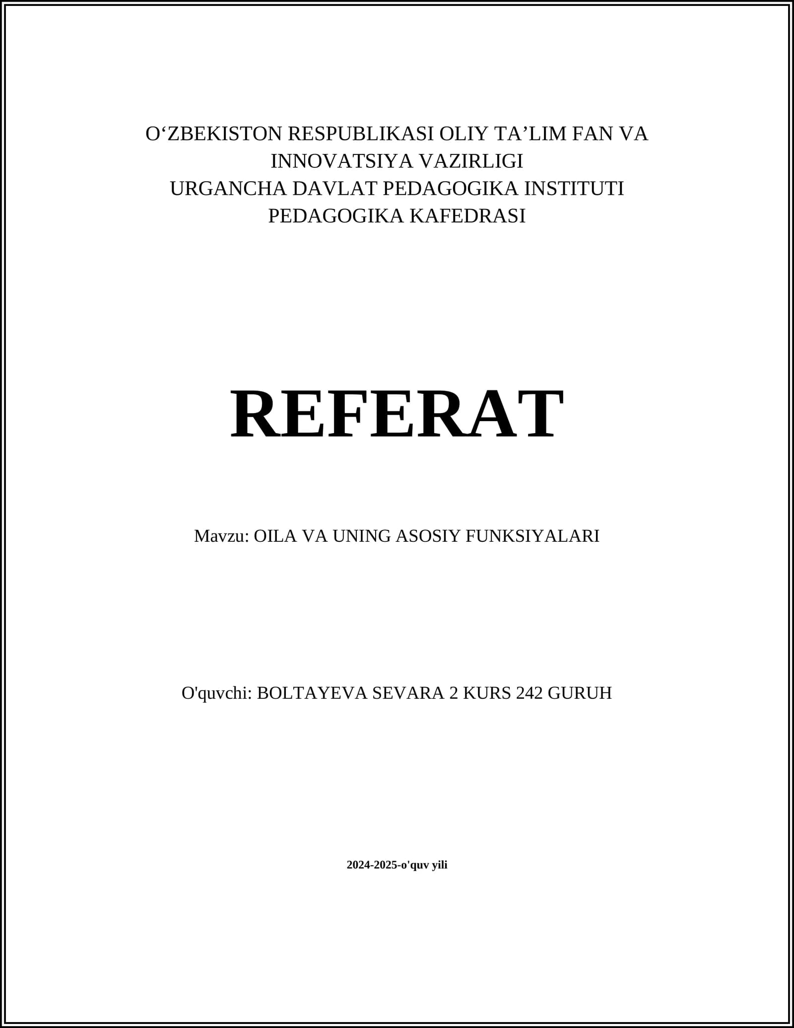 OILA VA UNING ASOSIY FUNKSIYALARI