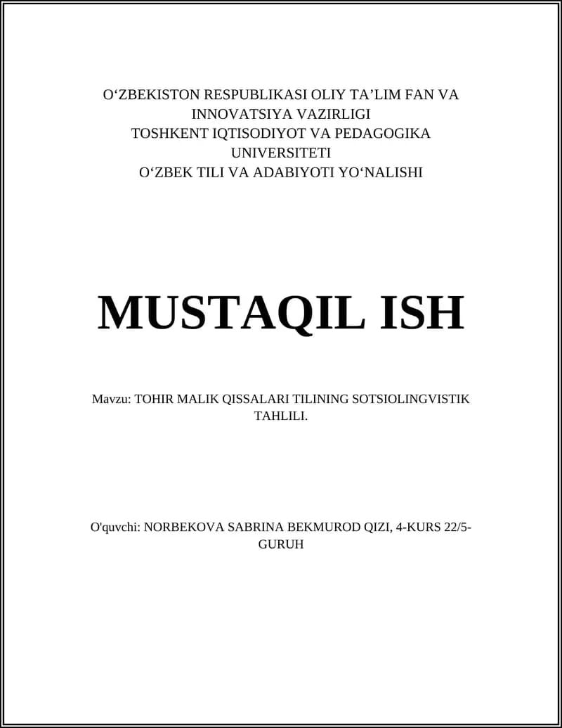 TOHIR MALIK QISSALARI TILINING SOTSIOLINGVISTIK TAHLILI