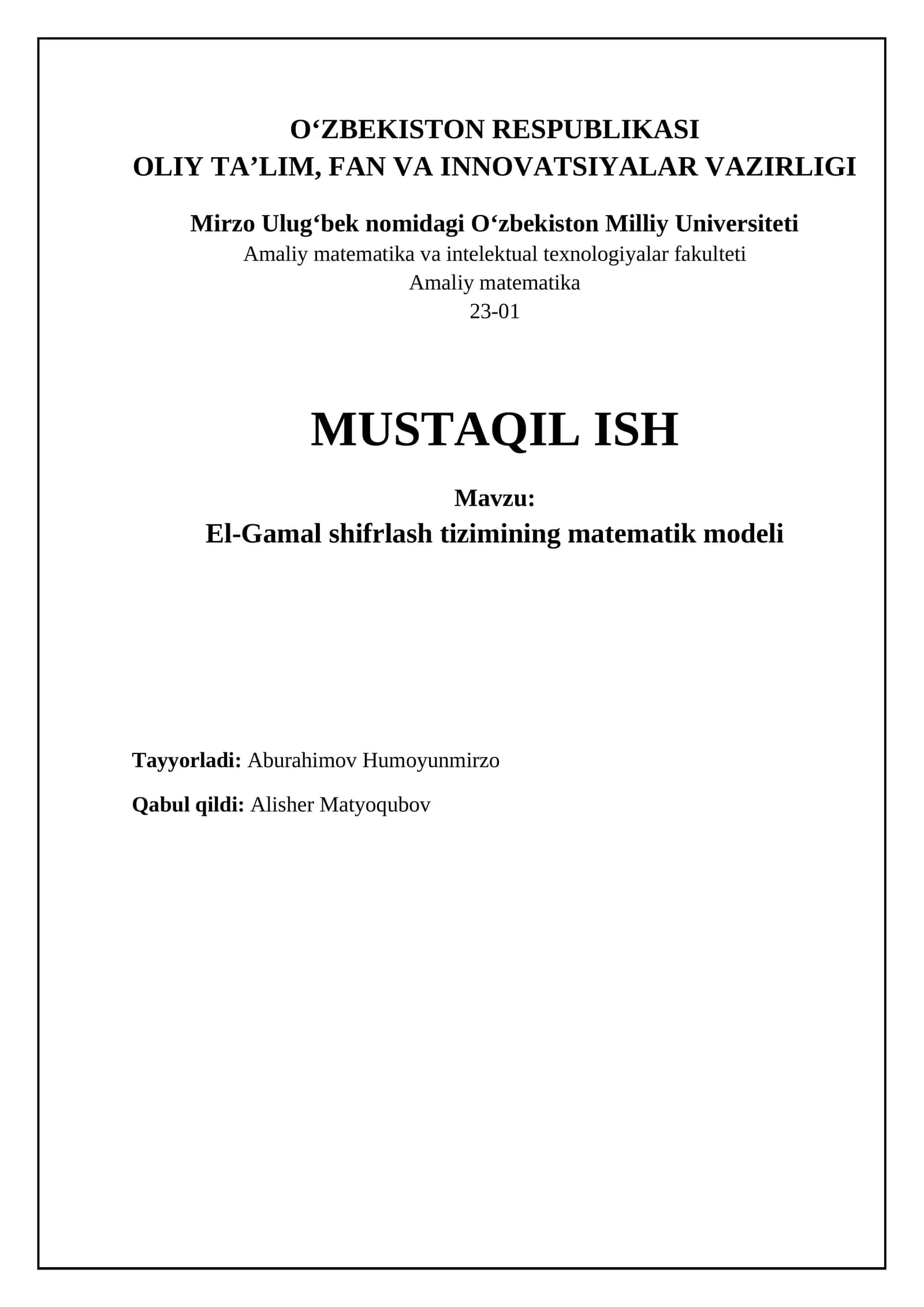El-Gamal shifrlash tizimining matematik modeli