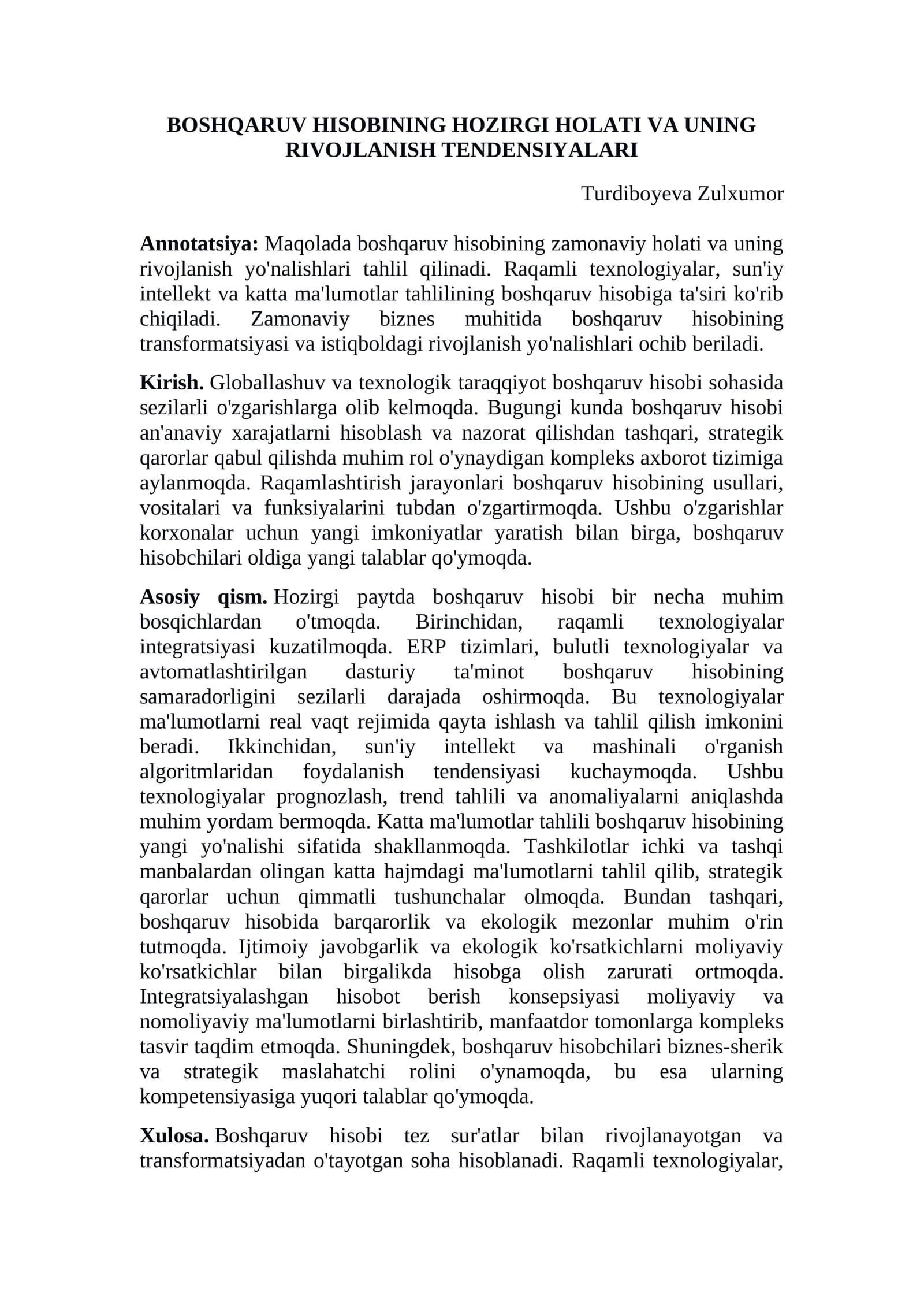 BOSHQARUV HISOBINING HOZIRGI HOLATI VA UNING RIVOJLANISH TENDENSIYALARI