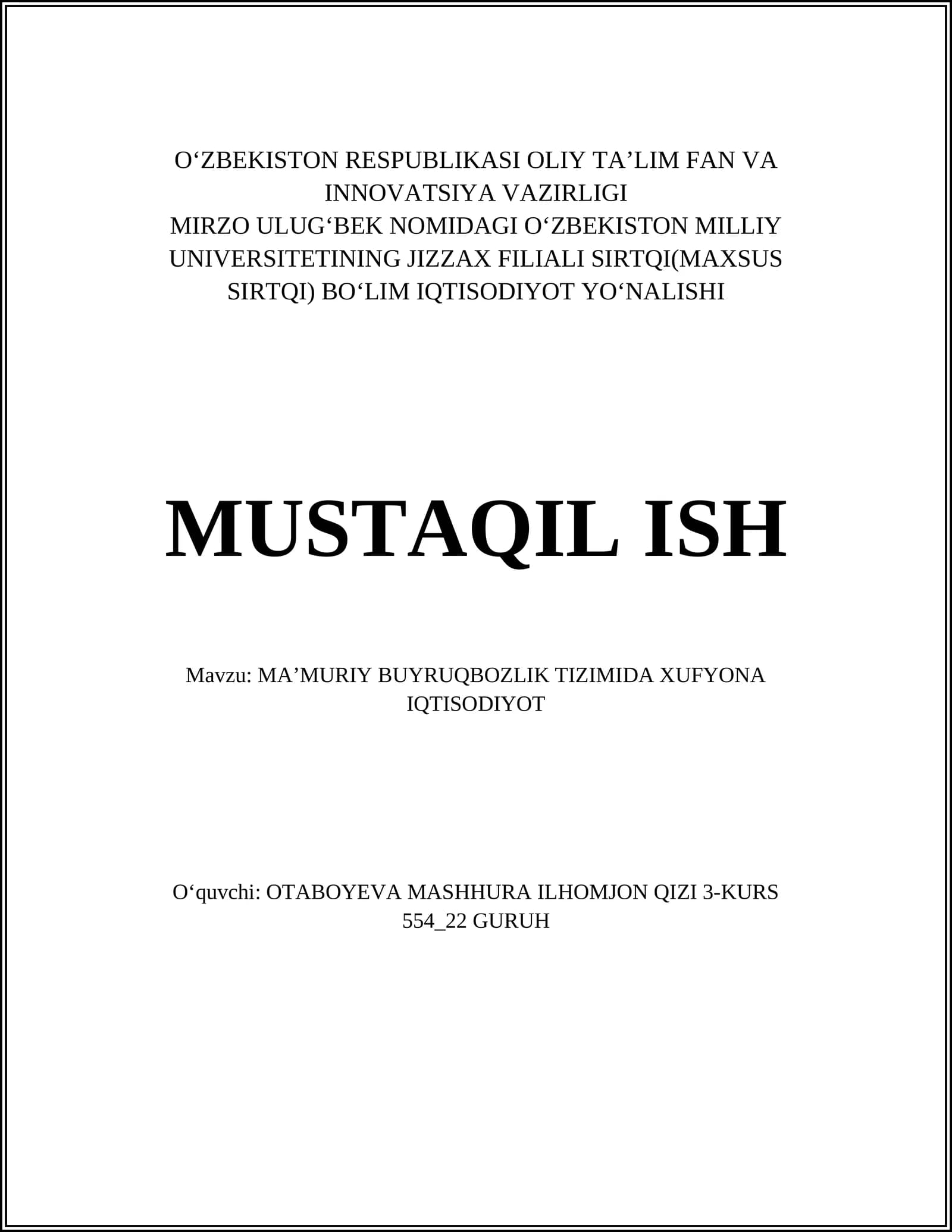 MA'MURIY BUYRUKBOZLIK TIZIMIDA XUFYONA IQTISODIYOT