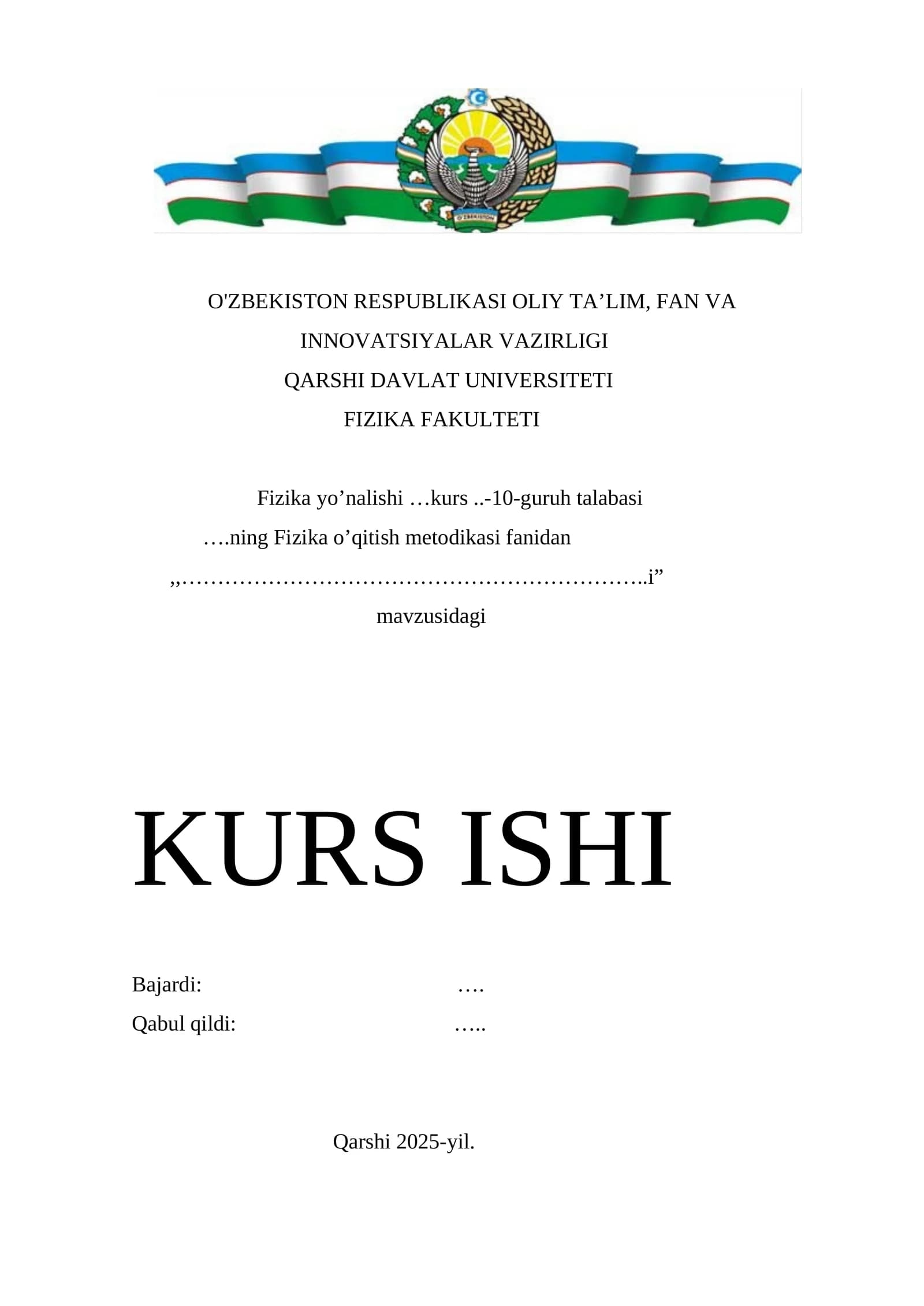 Kurs ish yuzi tayyor va sifatli ma'lumot