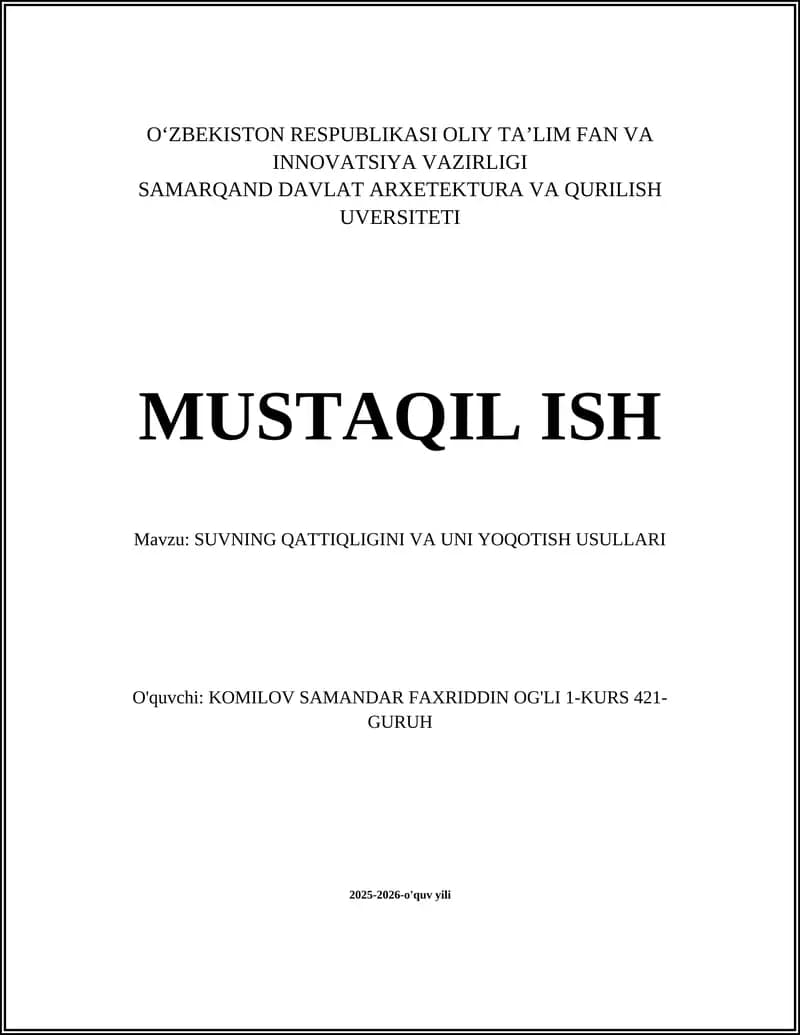 SUVNING QATTIQLIGINI VA UNI YOQOTISH USULLARI