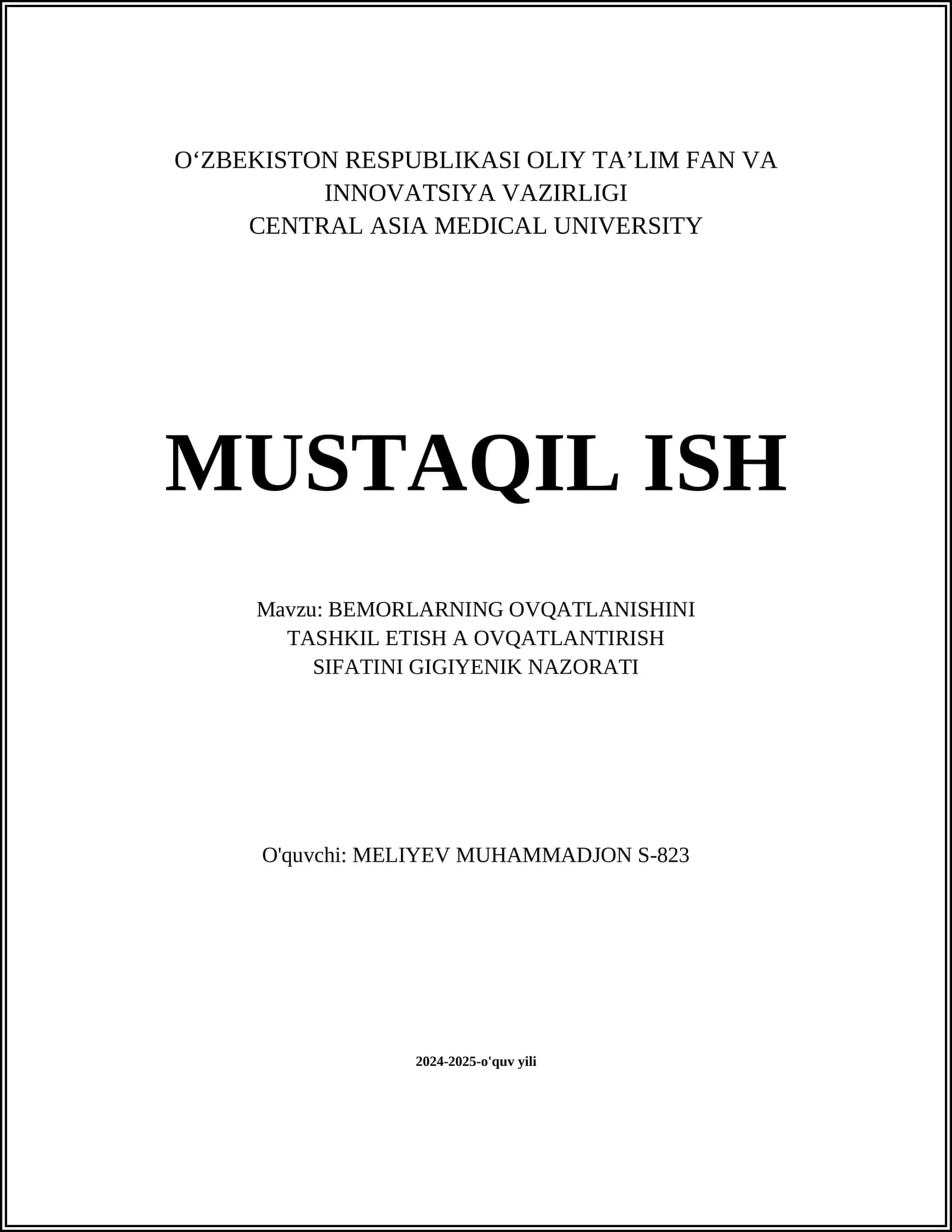 BEMORLARNING OVQATLANISHINI TASHKIL ETISH A OVQATLANTIRISH SIFATINI GIGIYENIK NAZORATI