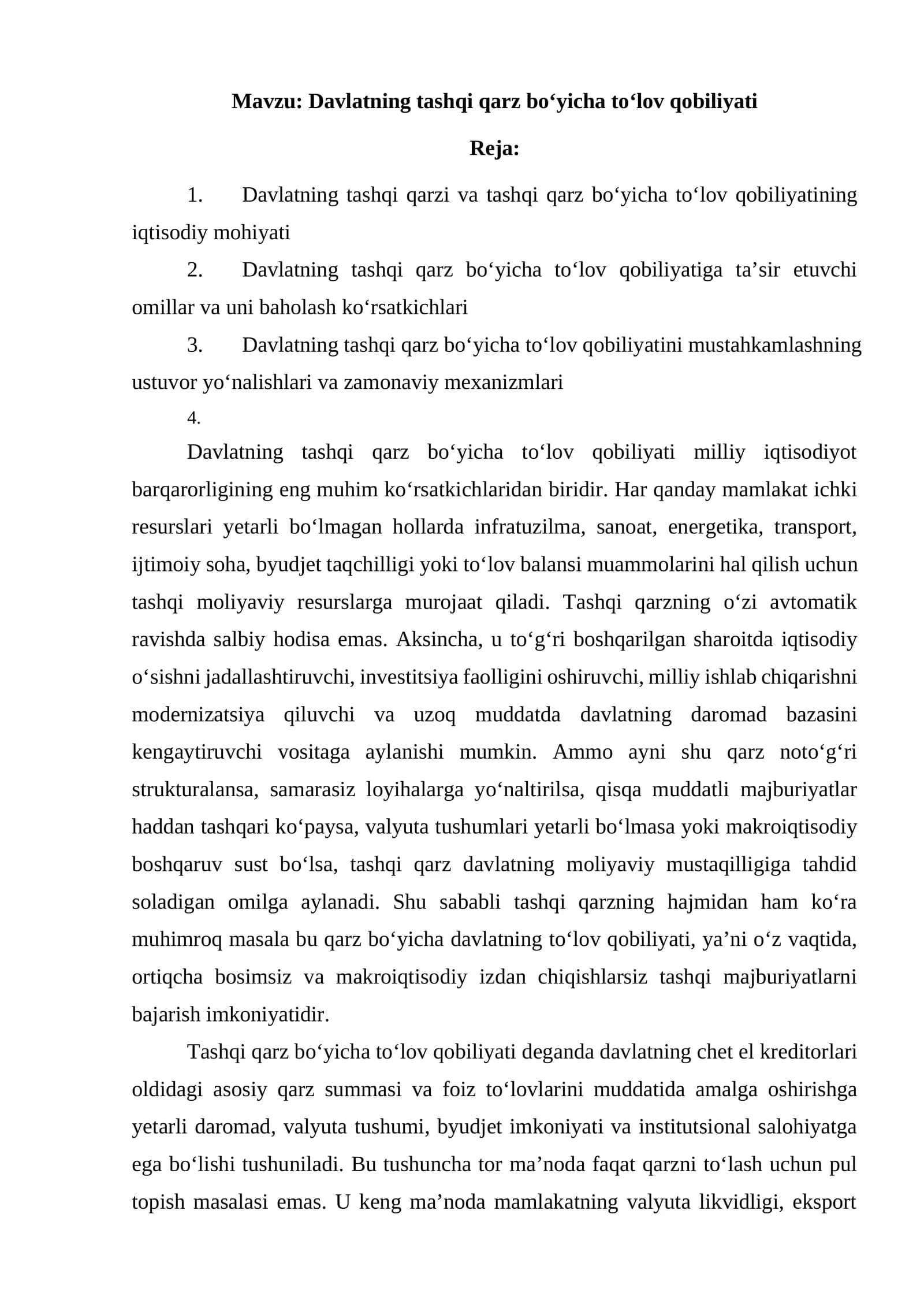 Davlatning tashqi qarz bo‘yicha to‘lov qobiliyati