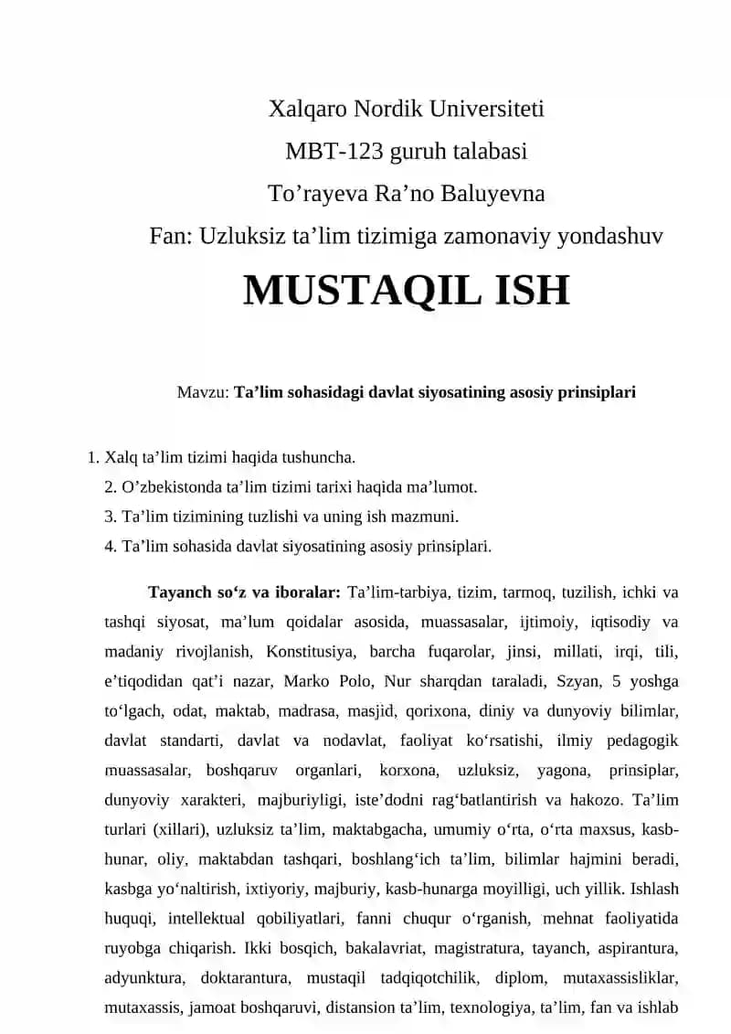 Ta'lim sohasidagi davlat siyosatining asosiy prinsiplari