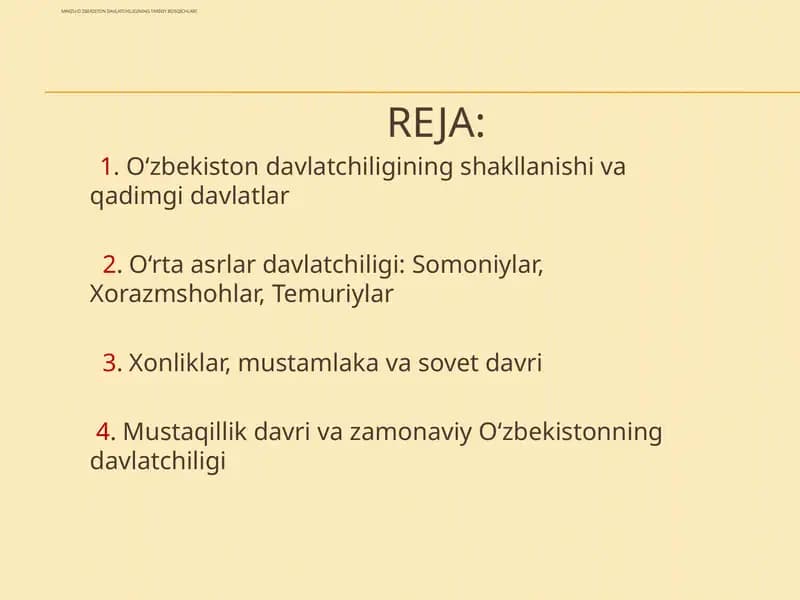 O`ZBEKISTON DAVLATCHILIGINING TARIXIY BOSQICHLARI