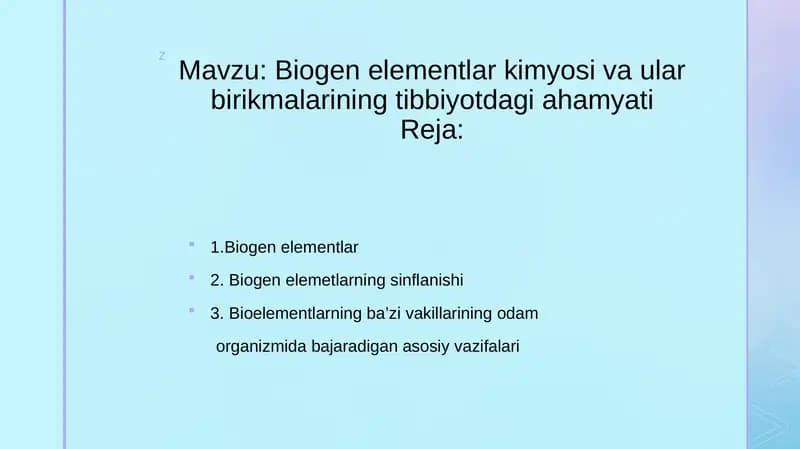 Biogen elementlar kimyosi va ular birikmalarining tibbiyotdagi ahamyati