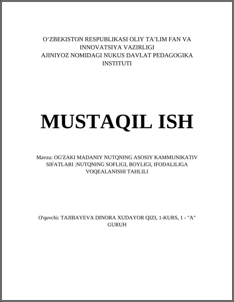 OG'ZAKI MADANIY NUTQNING ASOSIY KAMMUNIKATIV SIFATLARI:NUTQNING SOFLIGI, BOYLIGI, IFODALILIGA VOQEALANISHI TAHLILI
