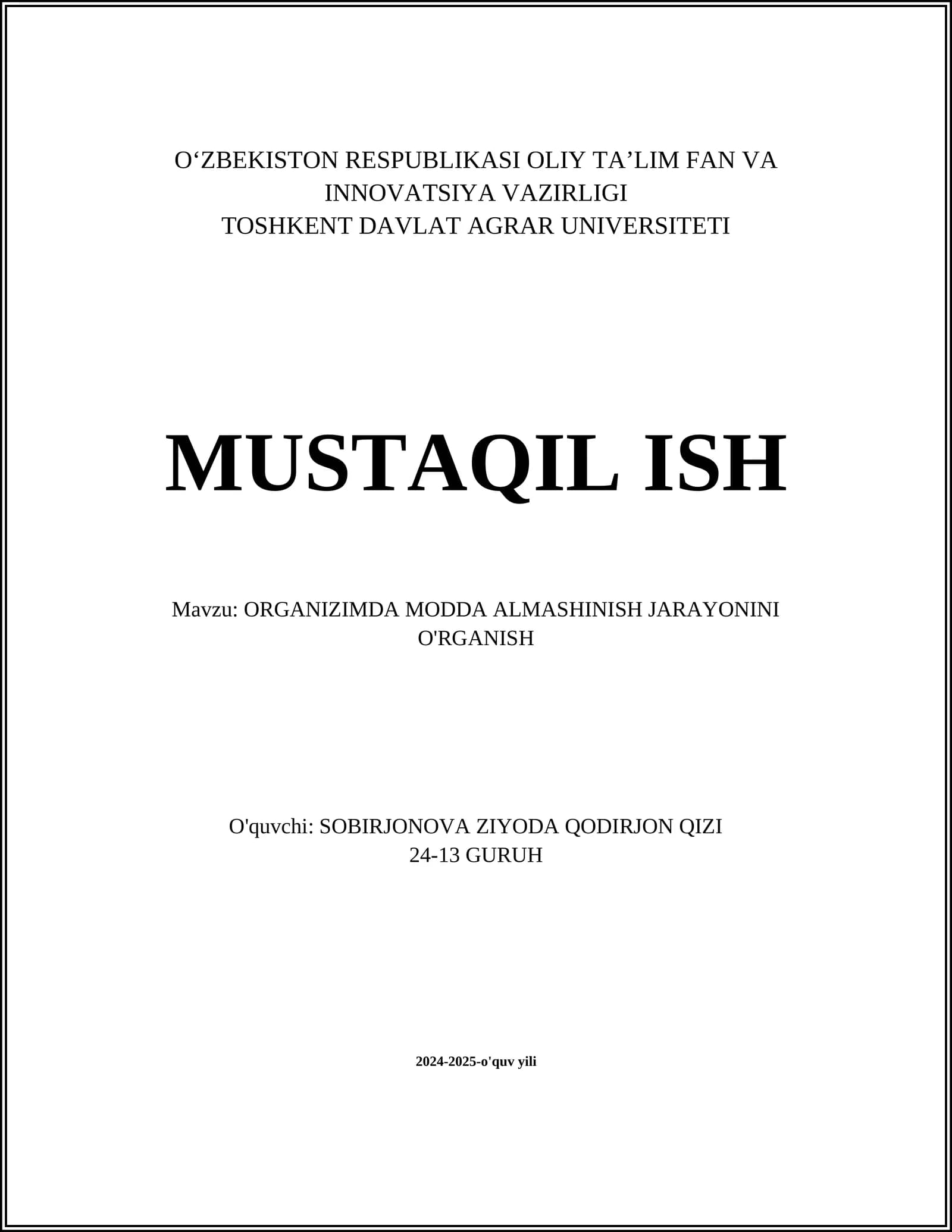 ORGANIZIMDA MODDA ALMASHINISH JARAYONINI O'RGANISH