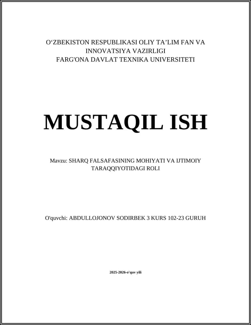 SHARQ FALSAFASINING MOHIYATI VA IJTIMOIY TARAQQIYOTIDAGI ROLI
