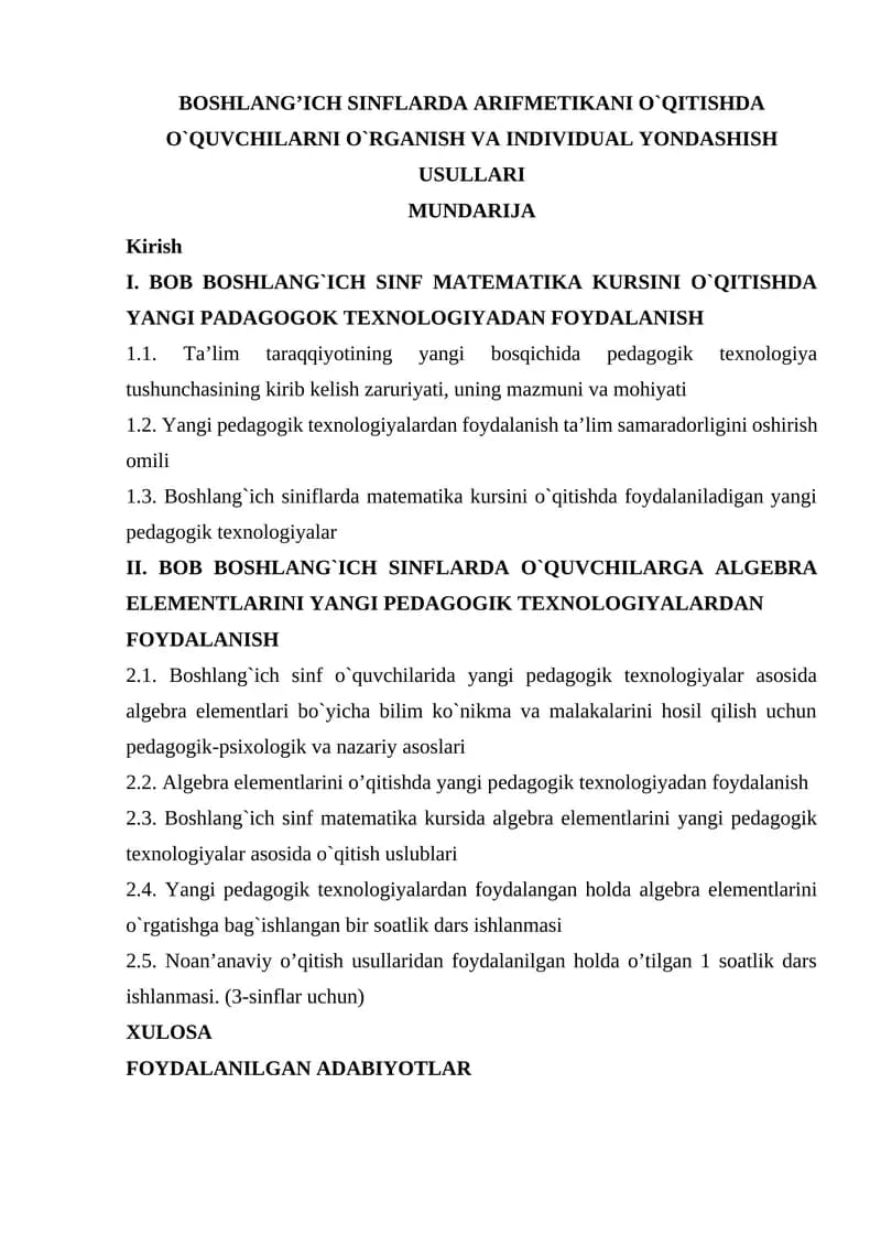 Boshlang’ich sinflarda arifmetikani o`qitish