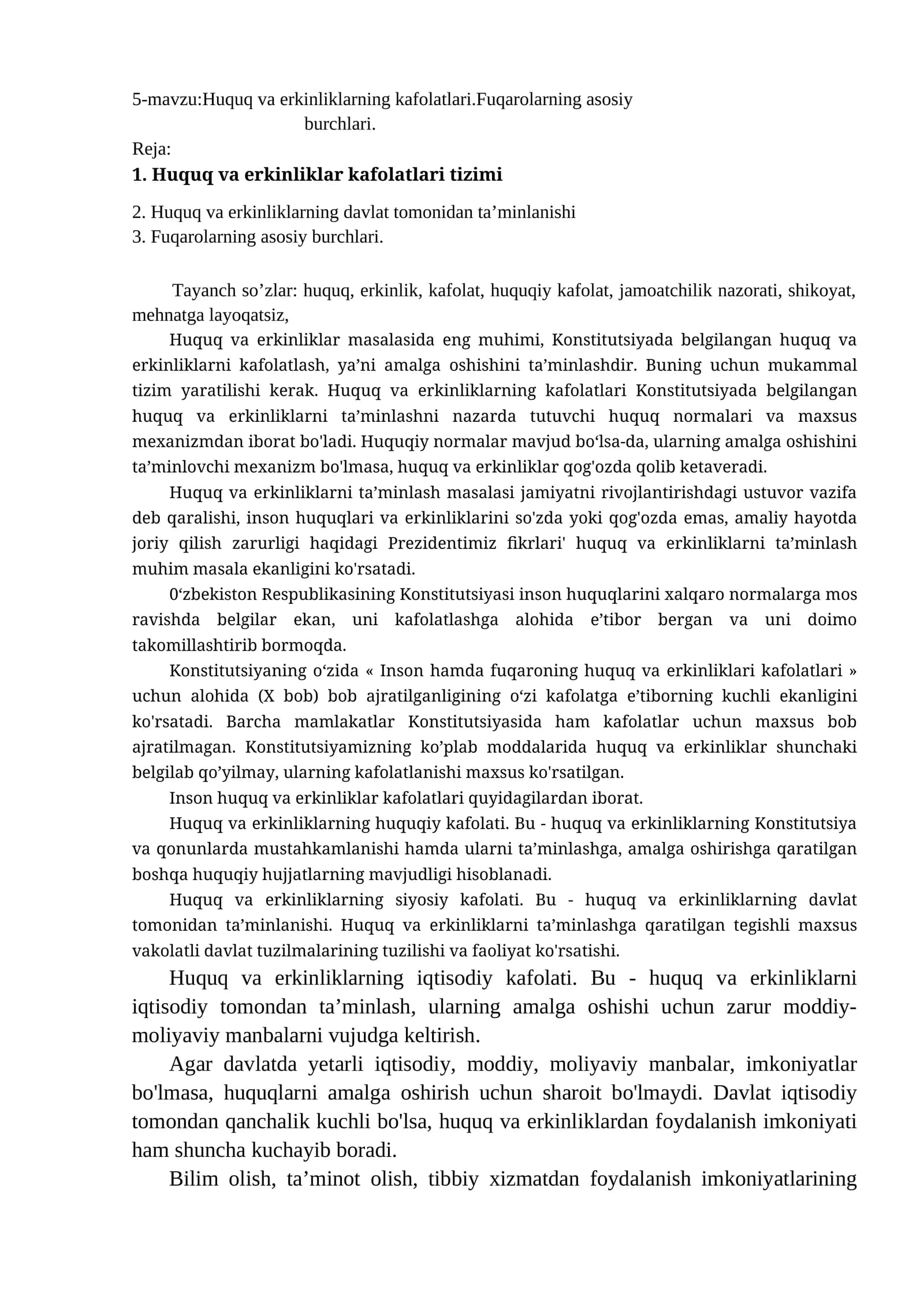 5-mavzu: Huquq va erkinliklarning kafolatlari.Fuqarolarning asosiy burchlari