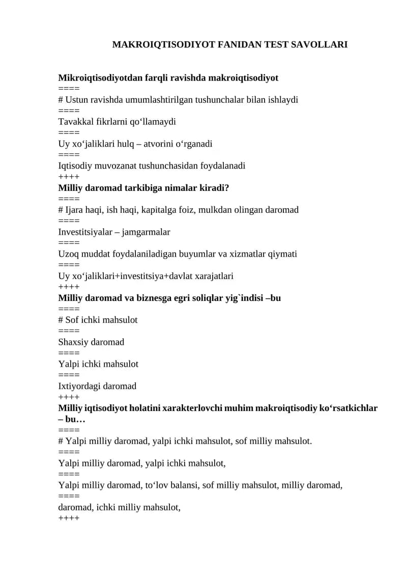 MAKROIQTISODIYOT FANIDAN TEST SAVOLLARI