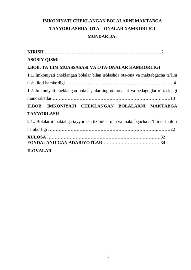 Imkoniati cheklangan bolalarni maktabga tayyarlashda ota-onalar xamkorligi