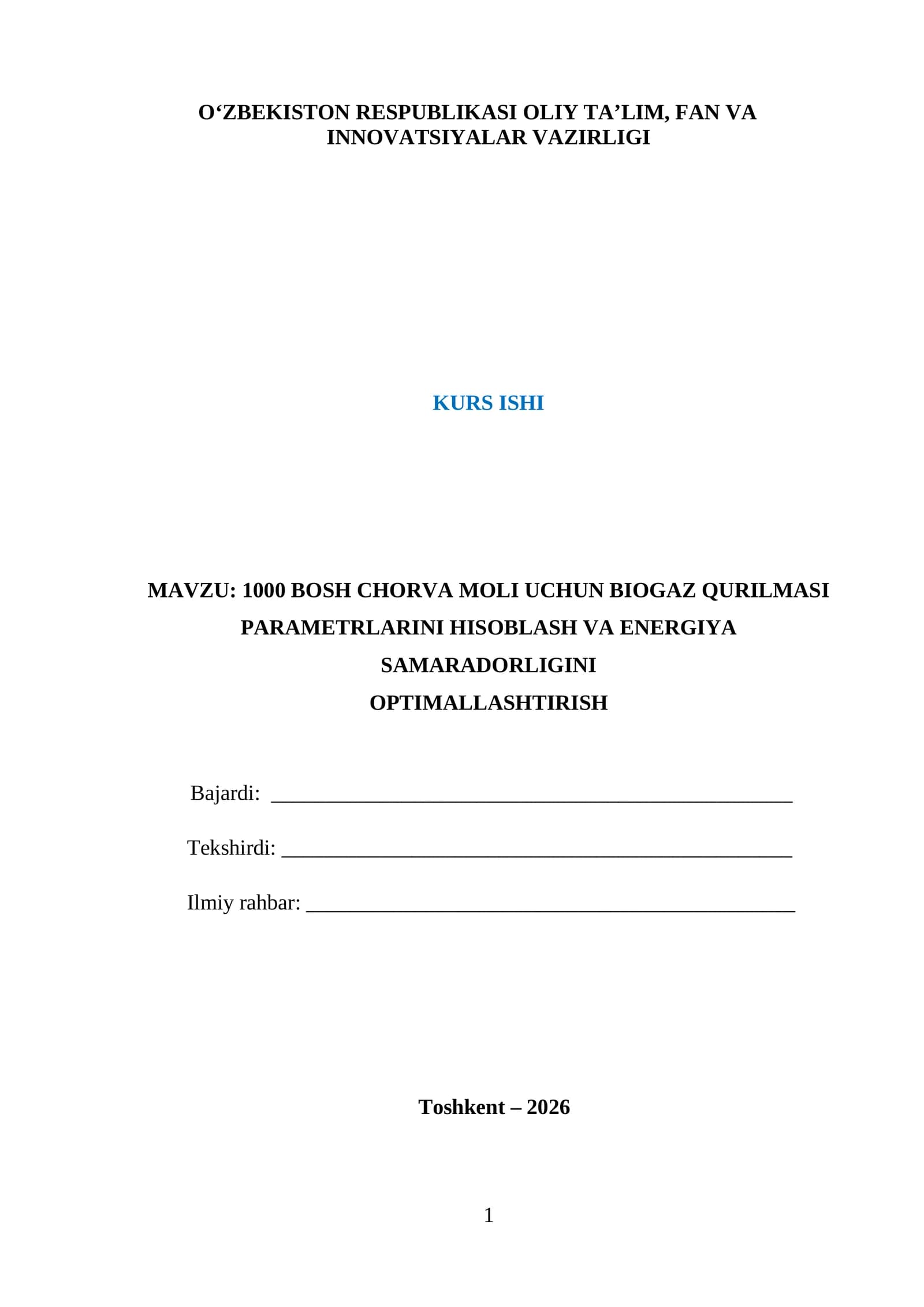 Biogaz qurilmasi uchun parametrlarni hisoblash