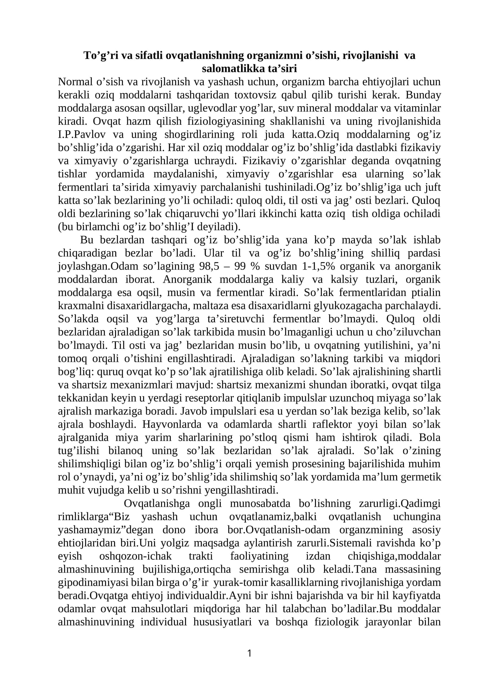 To’g’ri va sifatli оvqatlanishning оrganizmni o’sishi, rivоjlanishi va salоmatlikka ta’siri