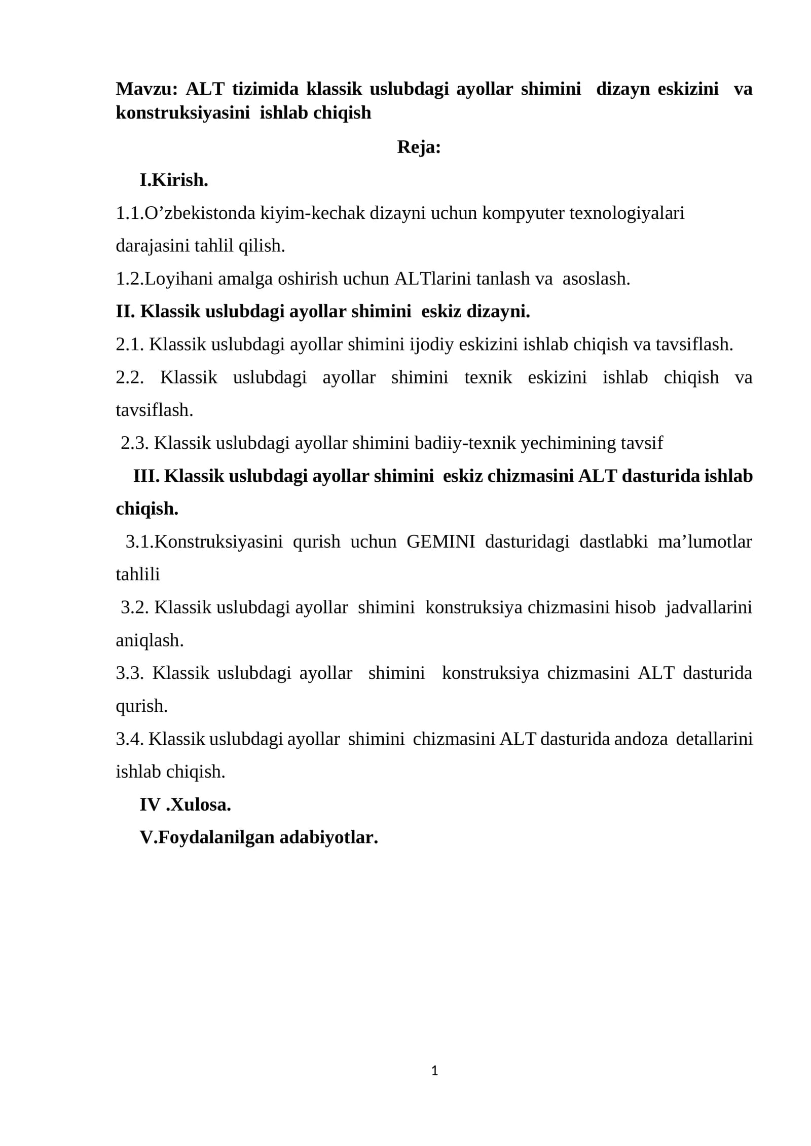 ALT tizimida klassik uslubdagi ayollar shimini  dizayn eskizini  va konstruksiyasini  ishlab chiqish