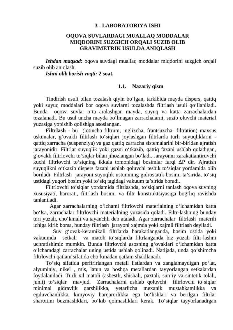 LABОRАTОRIYA ISHI - OQOVA SUVLARDAGI MUALLAQ MОDDALAR MIQDОRINI SUZGICH ОRQALI SUZIB ОLIB GRAVIMETRIK USULDA ANIQLASH