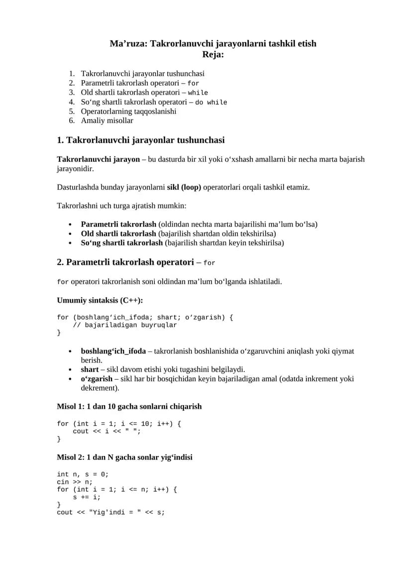 Parametrli takrorlash operatori – for