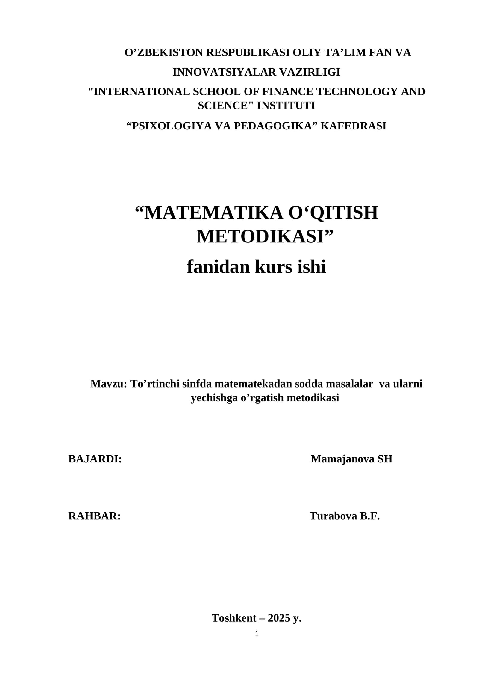 To’rtinchi sinfda matematekadan sodda masalalar  va ularni yechishga o’rgatish metodikasi KURS ISHI