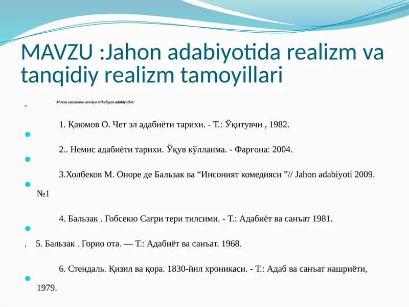 Jahon adabiyotida realizm va tanqidiy realizm tamoyillari