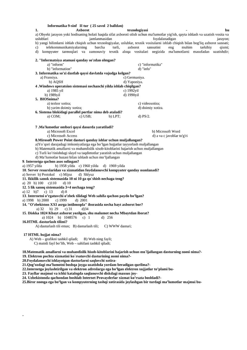 Informatika 9-sinf II tur ( 25 savol 2 balldan)